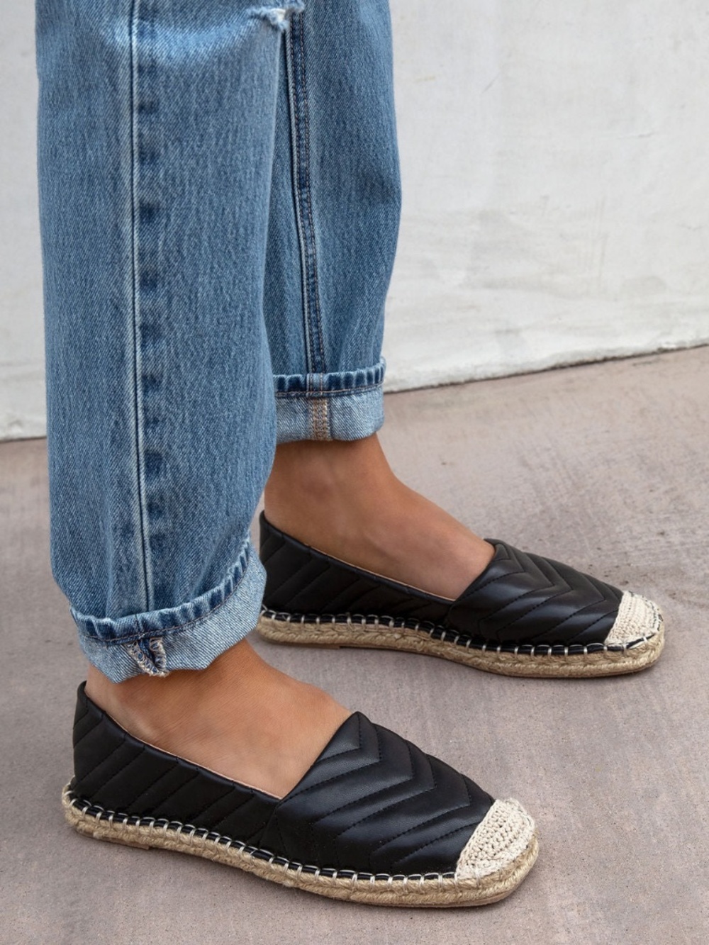 Black Quilted Faux Leather Espadrille Flats – Slip-On Casual Shoes